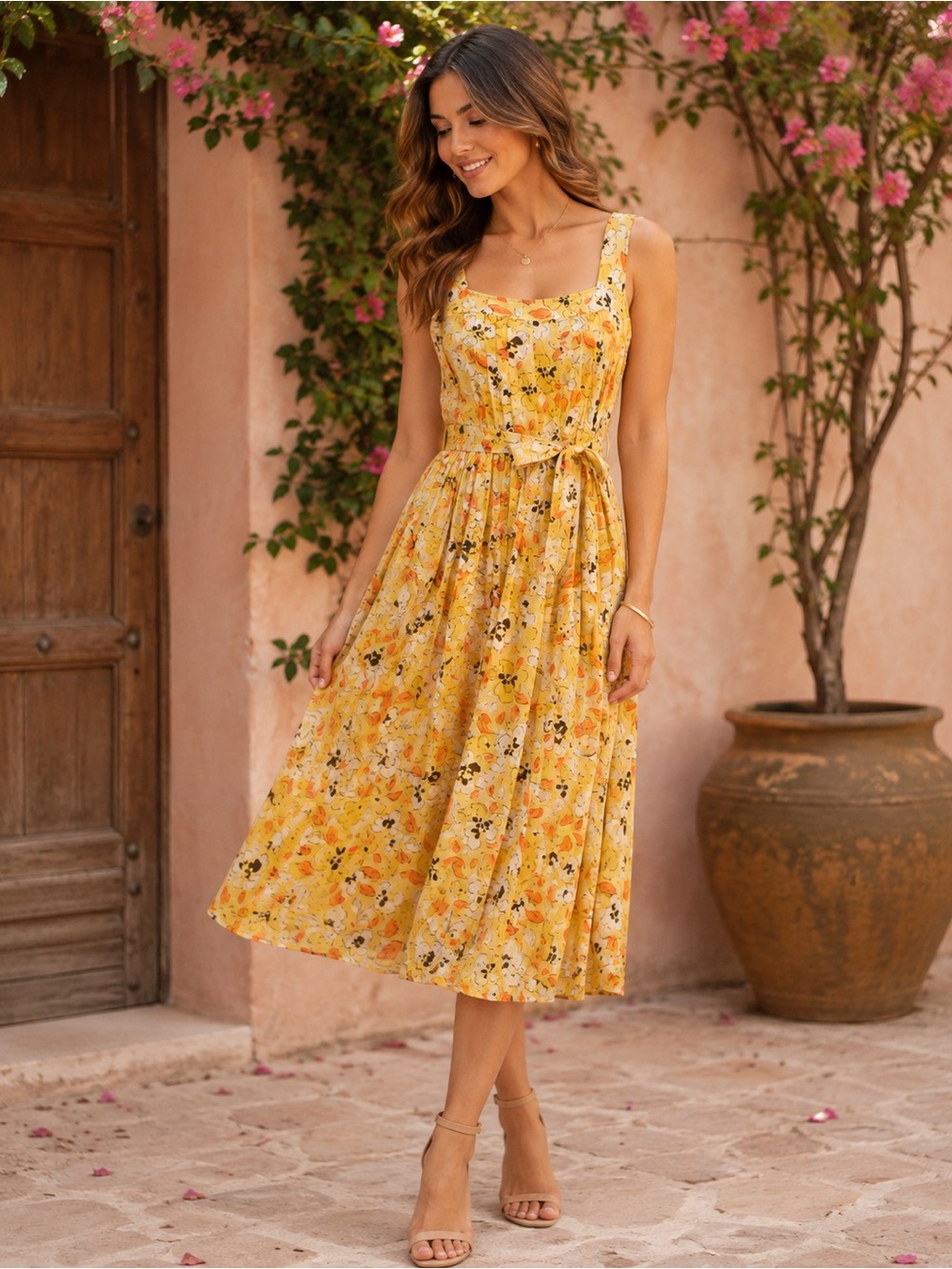 LA NOUVELLE RENA ISSANCE.  Yellow Floral Midi Dress with Tie Waist SIZE 10